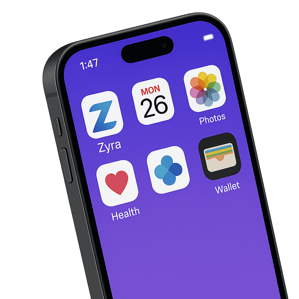 iPhone mockup con iconos y Zhora